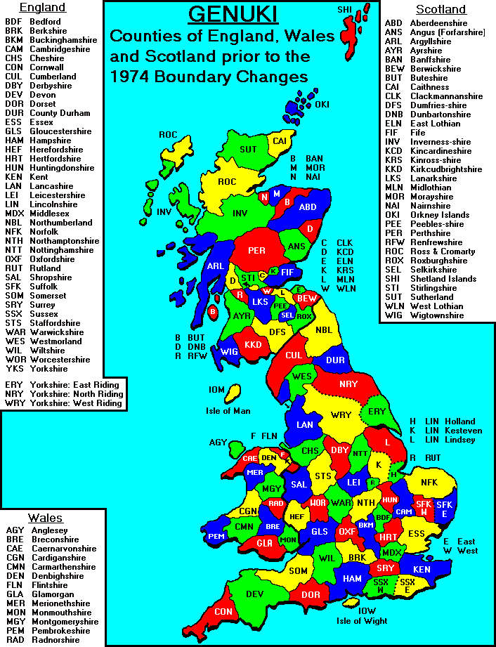 County Map of Great Britain. The three-letter abbreviations shown on this 
