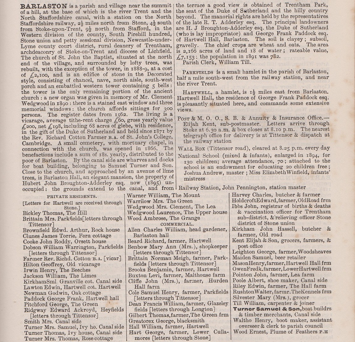 Barlaston in Kelly's 1896 Directory