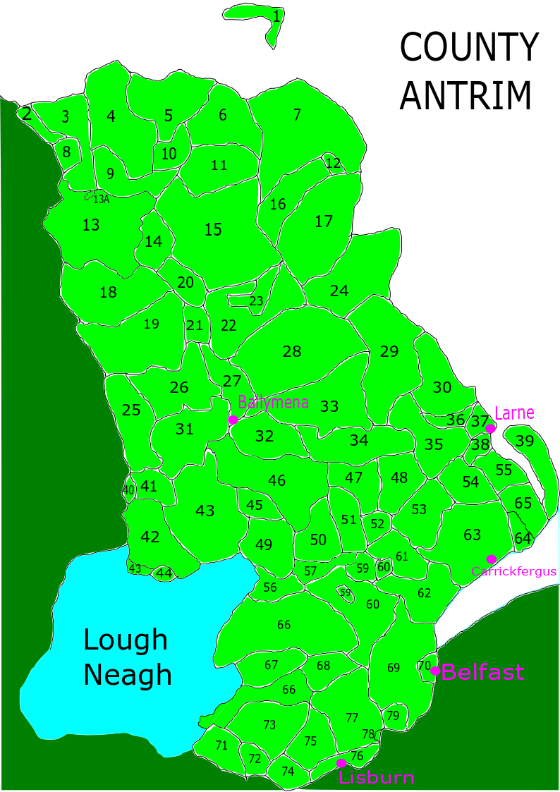Map showing the County Antrim civil parishes locations