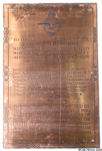 The World War I Memorial Plaque in All Saints Church for RAF personnel accidently killed.