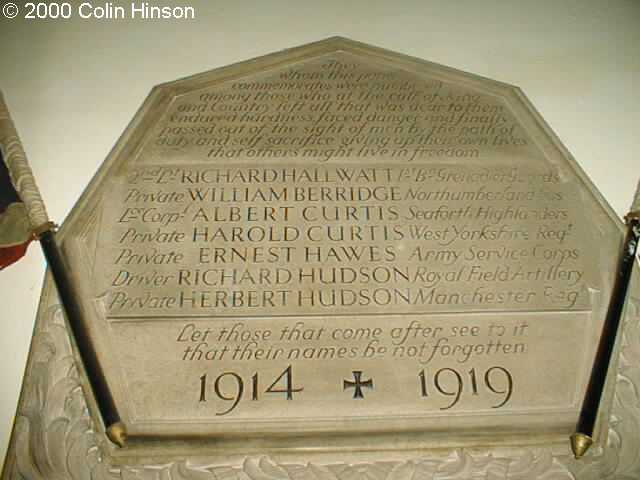 The 1914-1919 Memorial Plaque in Bishop Burton Church.