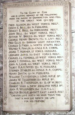 The World War I Memorial Plaque in the Church at Dunnington.