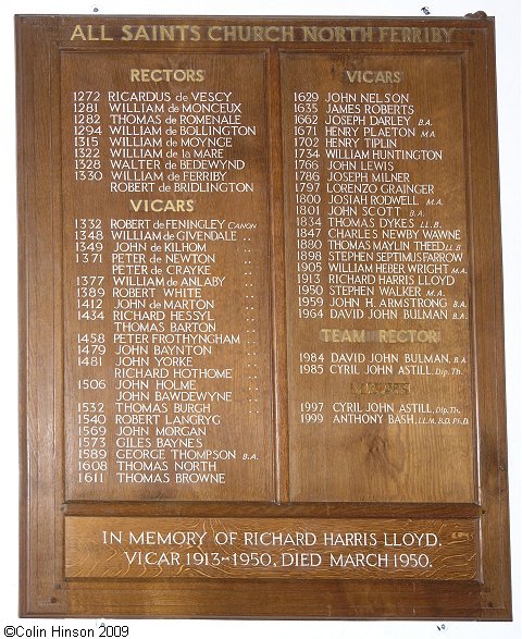 The List of Rectors and Vicars in All Saints Church, North Ferriby.