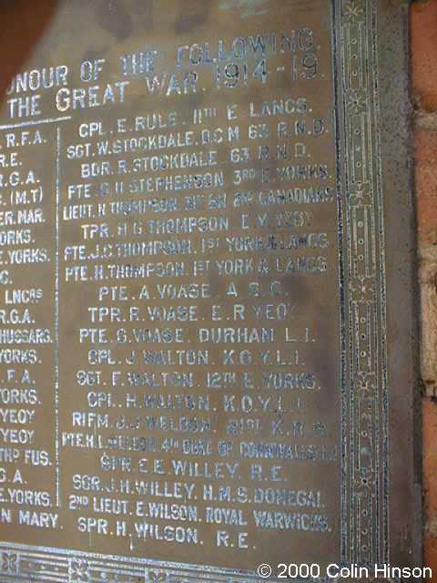 The 1914-1918 Memorial Plaque in Old Ellerby Church.