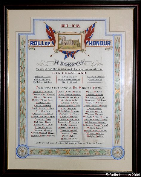The World War I Roll of Honour in St. Cuthbert's Church, Crayke.