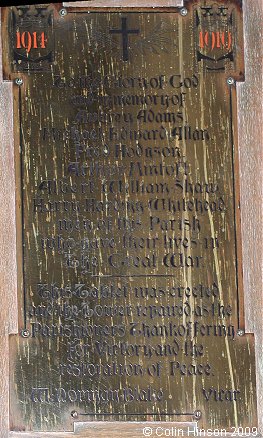 The World War I Memorial plaque in St. Andrew's Church, Middleton.
