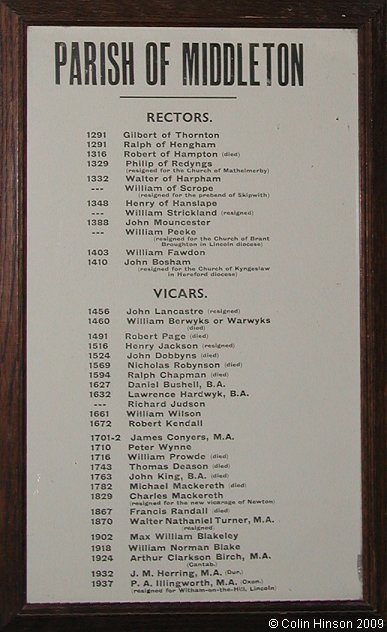 The list of Rectors and Vicars to 1948 in St. Andrew's Church, Middleton.