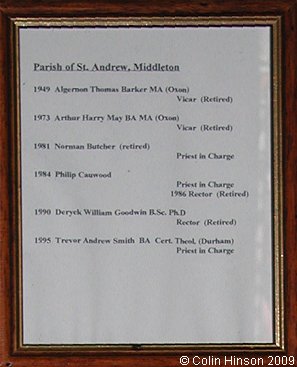 The list of Rectors and Vicars from 1948 in St. Andrew's Church, Middleton.