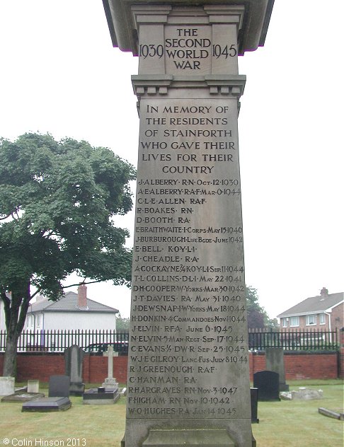 The World Wars I and II memorial in Stainforth Cemetery.